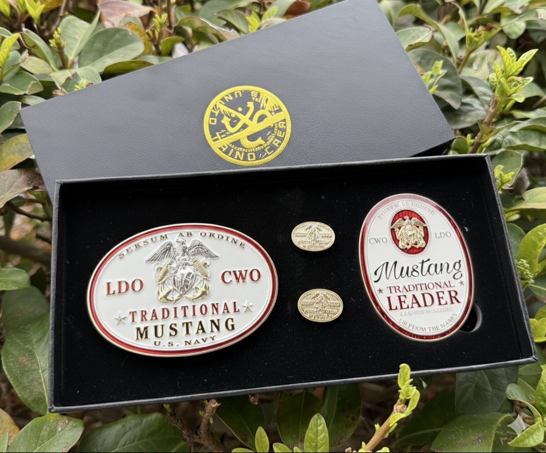 LDO-CWO Mustang Gift Set. Buckle, Cufflinks, & Coin - 2 options, Khaki or White.