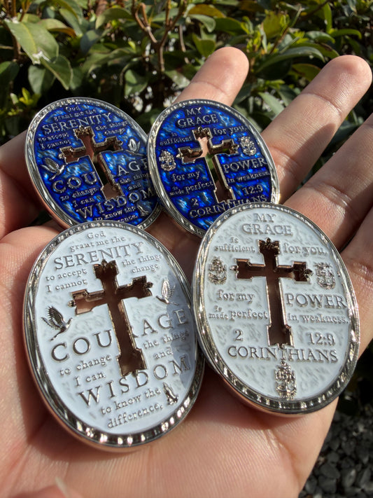 Mini Faith - Blue & White Silver Finish 2 Coin Set (each coin is the same color on both sides). On Hand.
