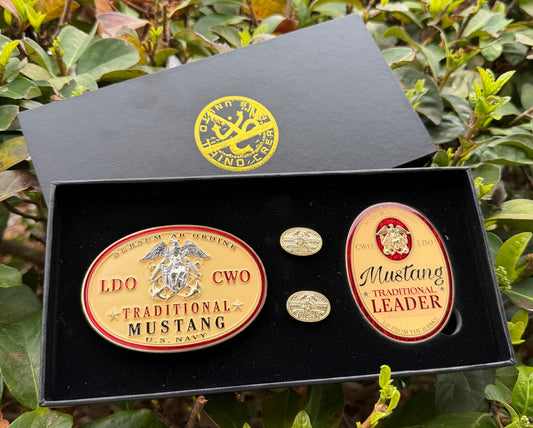 LDO-CWO Mustang Gift Set. Buckle, Cufflinks, & Coin - 2 options, Khaki or White.